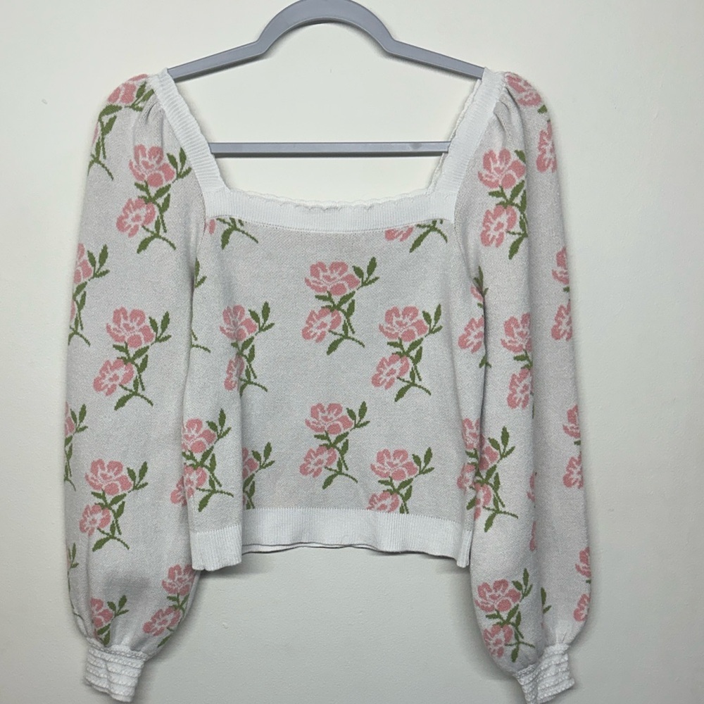 Willow &Wind Floral Knit Sweater - Pink and White